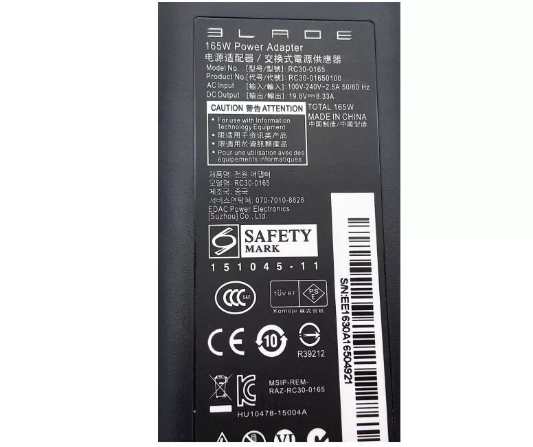Genuine 165W Razer Blade Pro RZ09-0166 Adapter Charger + Power Cord