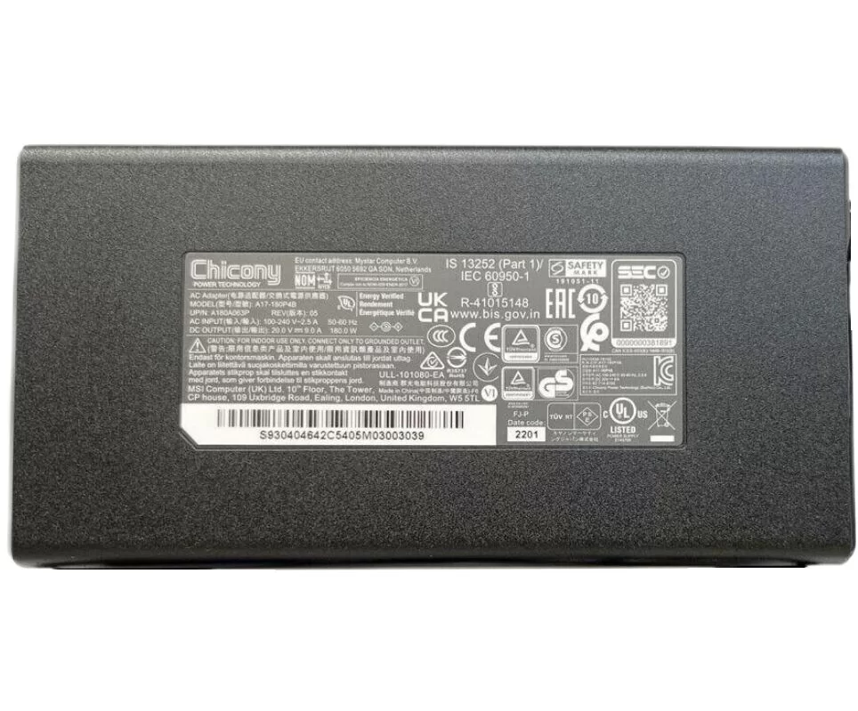 Genuine 20V 9A 180W MSI GF75 Thin 10UEK-048US Adapter Charger + Power Cable