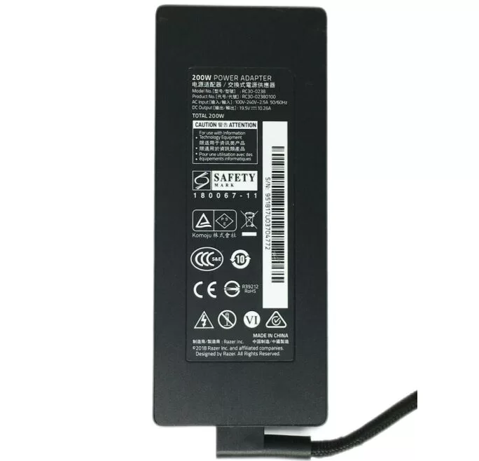 Genuine 200W Razer Blade 15 RZ09-03006G92-R341 Adapter Charger + Cord