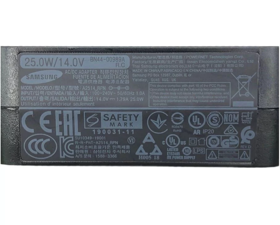 Genuine 14V 1.79A 25W Samsung BN44-00989A S24A310NH Cf390 AC Adapter + Cable