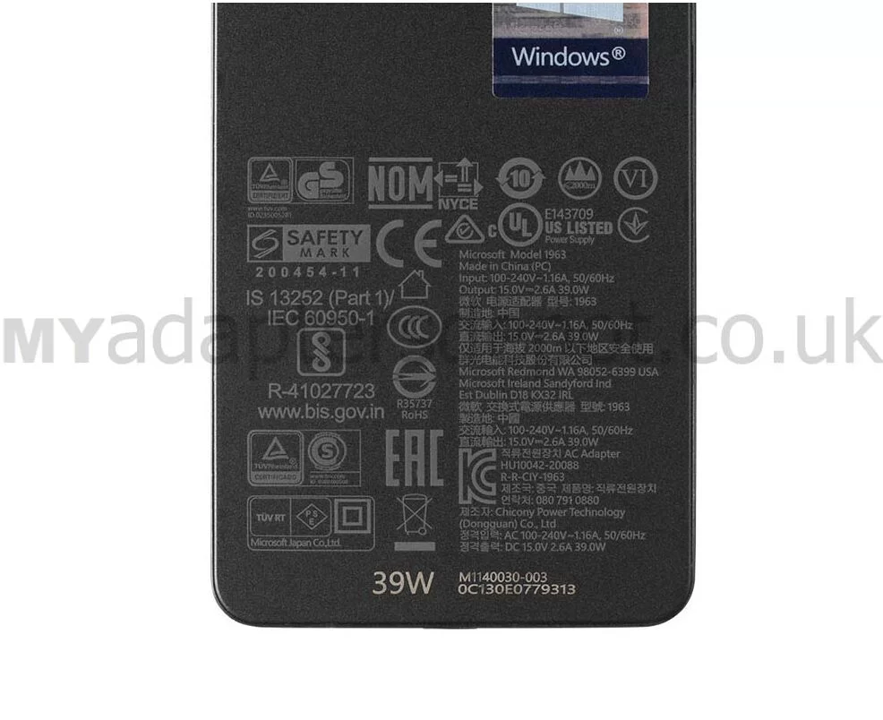 Genuine 15V 2.6A 39W Microsoft Surface Laptop Go 1st 2nd Gen AC Adapter + Cable