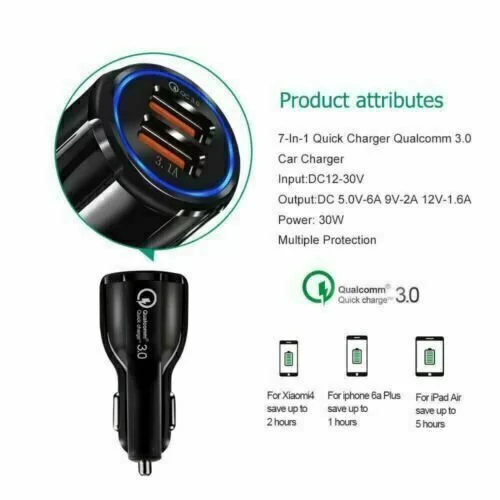 Quick Charge 3.0 In Car Charger 2 Ports USB Fast Charging Adapter